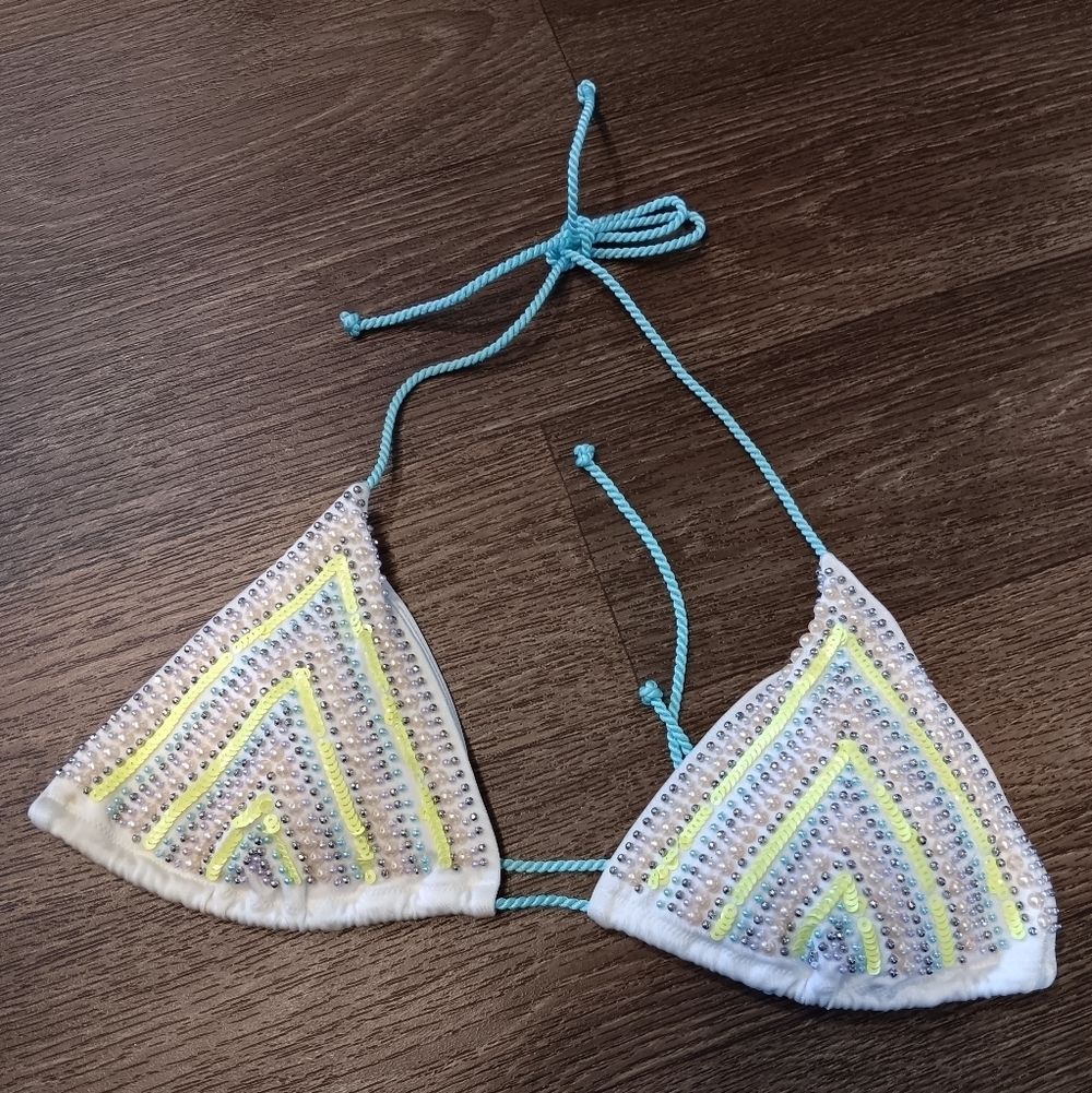 Victoria's Secret Cream Bikini Top with Blue Straps